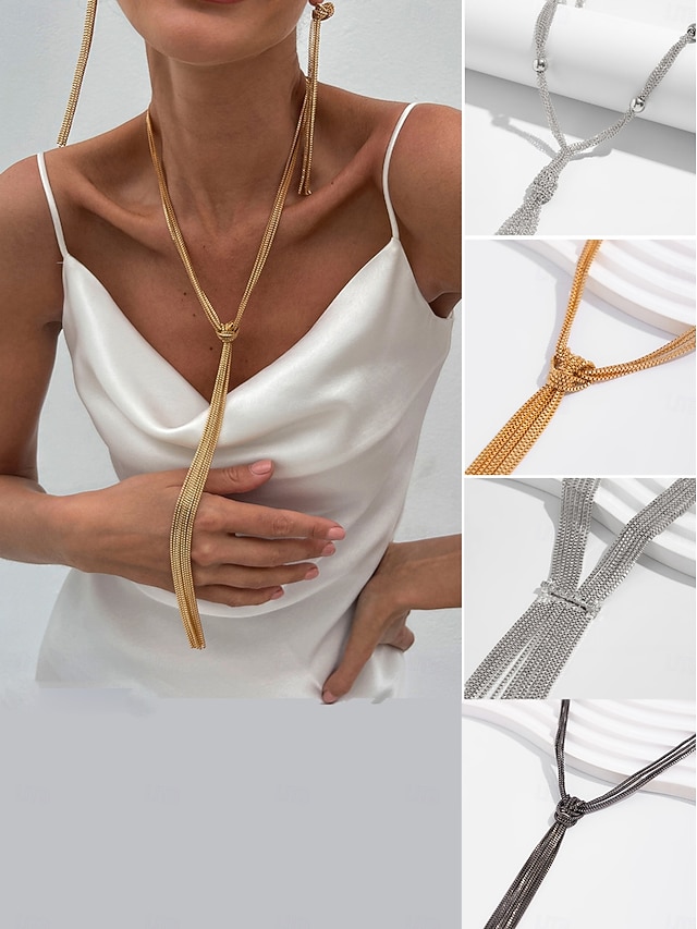  Dámský pozlacený střapcový náhrdelník - elegantní vrstvený řetízkový choker s dlouhými třásněmi, výrazný šperk na večírky, do nočních klubů a večerní akce