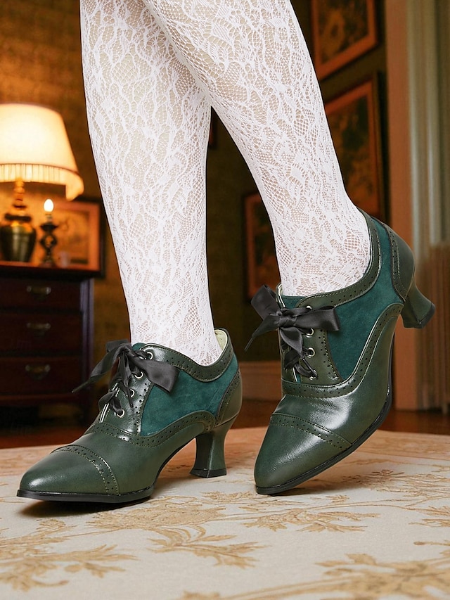  Scarpe col tacco oxford verdi da donna in stile edoardiano – scarpe eleganti vittoriane con tacco medio, stringate e dettagli brogue, degli anni 1900-1910, perfette per tea party, cosplay ed eventi storici.