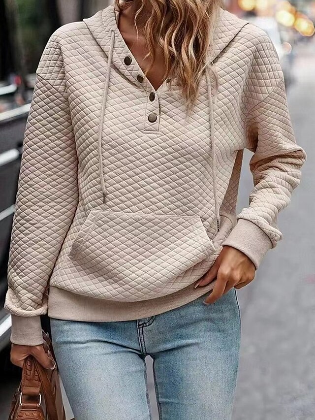 Women's Texture Sweatshirt Waffle Sweatshirt  Pullover Hoodie Sweatshirt Plain Streetwear Casual Comfy Long Sleeve Hooded Regular Tops Street Holiday Going out Buttons Beige Fall4