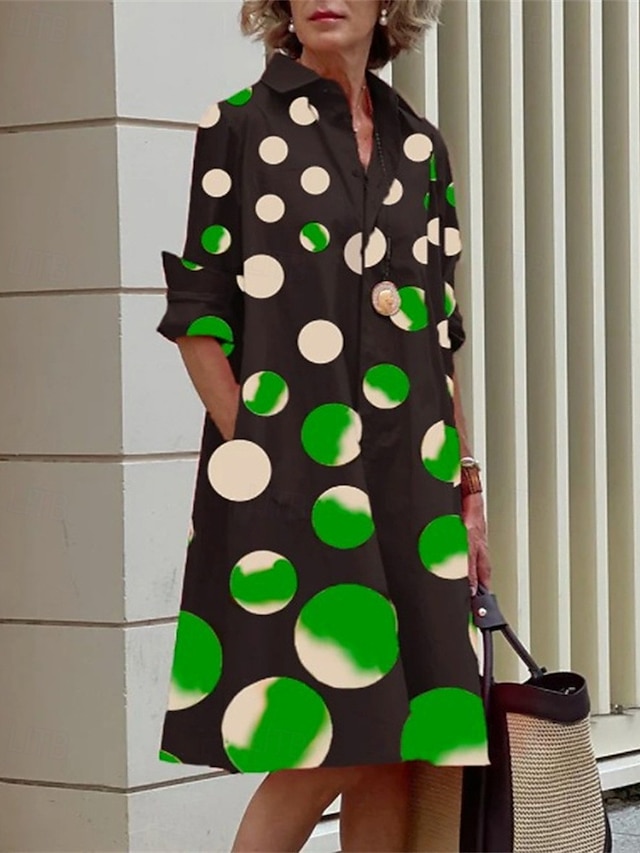Damskie Sukienka midi Sukienka koszulowa Codzienne sukienki Moda Nowoczesny Codzienny Plaża Weekend Regularny Kropka Długi rękaw Kołnierzyk koszuli Zielony Wiosna Jesień