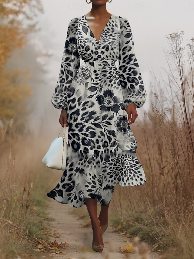  Damen Midikleid Freizeitkleid Chiffon Schwingkleid Modern Urlaub Täglich Wochenende Normale Passform Blumen Leopard Langarm V Ausschnitt Purpur Dunkelviolett Grau Sommer Frühling Herbst