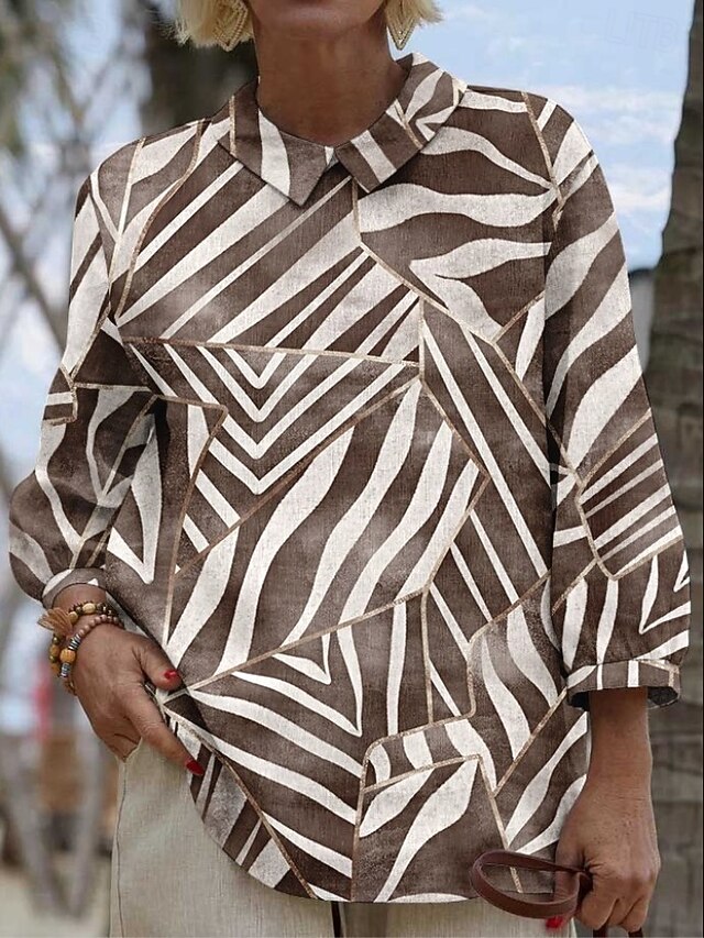 Women's Blouse Long Sleeve Peter Pan Collar Casual Graphic Geometric Abstract Vintage Tropical Daily Collar Regular Tops Daily Buttons Print Light Brown Brown Green Summer Spring4