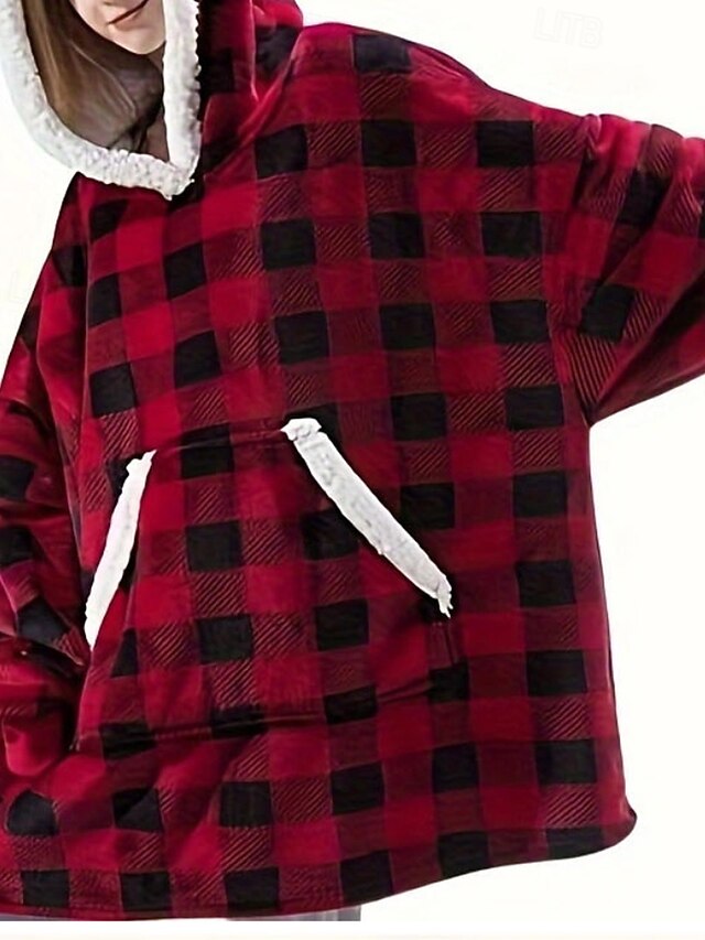 Women's Pullover Hoodie Sweatshirt Hoodies Plaid Streetwear Casual Long Sleeve Hooded Regular Tops Street Holiday Going out Pocket Red Winter4