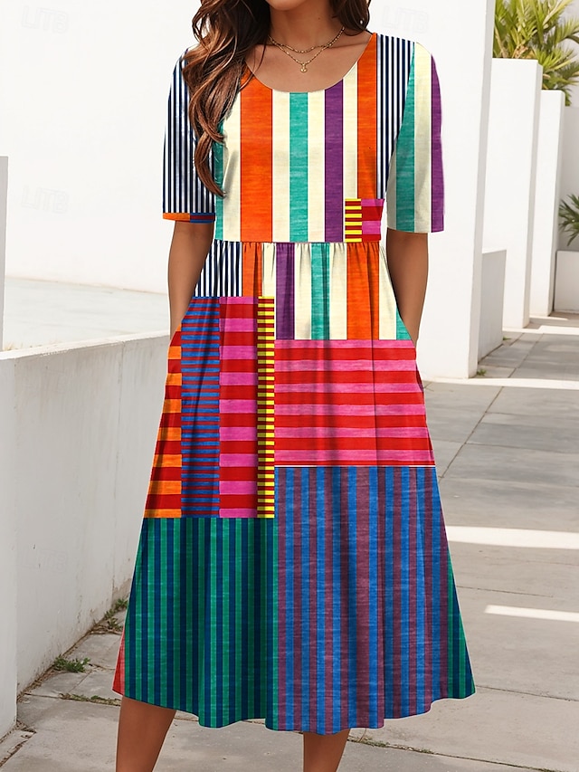  Pentru femei Rochii Midi Rochie de vară Rochie plisata Vacanță Casual Concediu Fit regulat Grafic Geometric Abstract Manșon Jumate Stil Nautic Negru Albastru piscină Portocaliu Trifoi Vară Primăvară