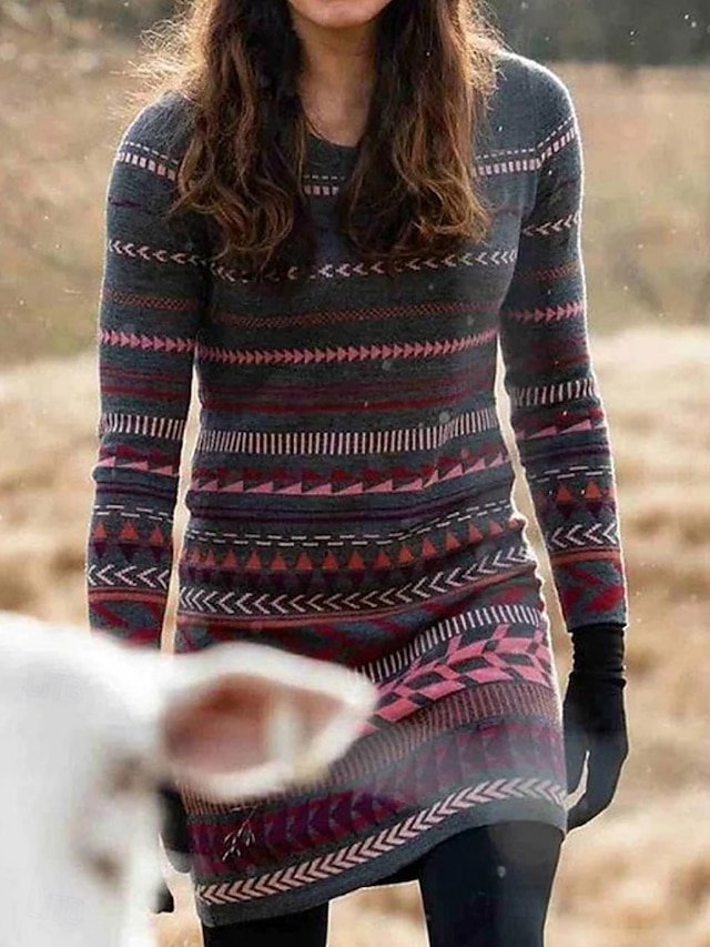  Mujer Pulóveres Casual Suave Geométrico Estriado Cuello Barco De Punto Estampado Manga Larga Tops largos Tejer Exterior Diario Fin de semana Negro Azul Marino Otoño Invierno