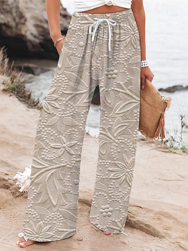  Mulheres Perna larga Calças Calça Palazzo Moda Roupa de rua Comprimento total Cintura Alta Flor Cintura elástica Com Cordão Imprimir Respirabilidade Confortável Micro-Elástica Rua Roupa Diária Para