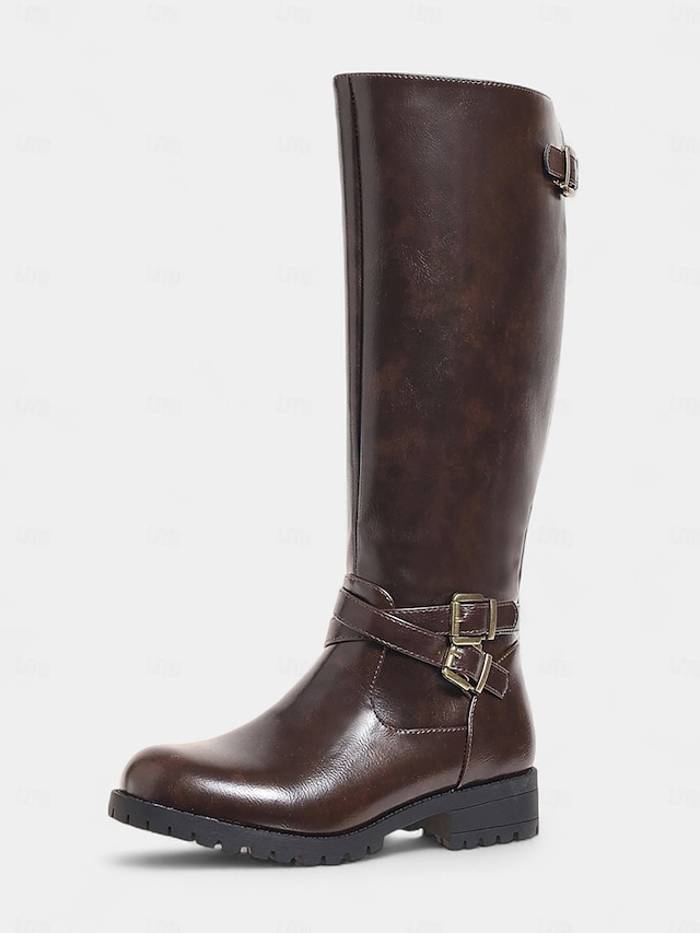 Botas de montar hasta la rodilla para mujer en color café con detalle de hebilla: botas clásicas de piel sintética de pantorrilla ancha para otoño, viajes y uso diario.