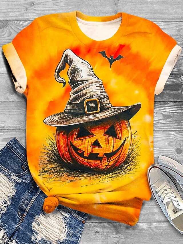 Halloween Women's T shirt Pumpkin Graphic Vintage Stylish Classic Short Sleeve Crew Neck Regular Tops Daily Weekend Print Yellow Orange Summer Fall3