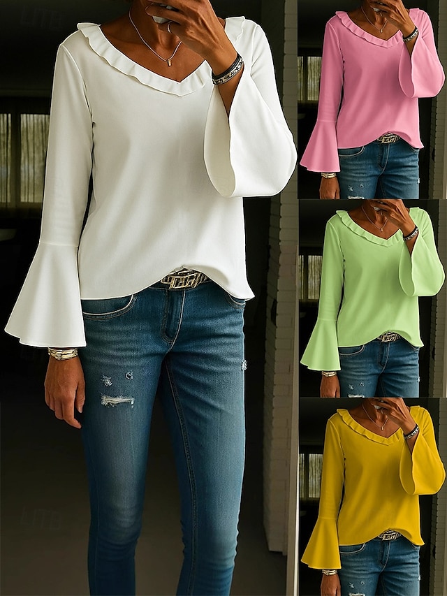  Women's Tunic Solid Color Elegant Vintage Stylish Long Sleeve V Neck Regular Tops Daily White Yellow Pink Green Spring Fall