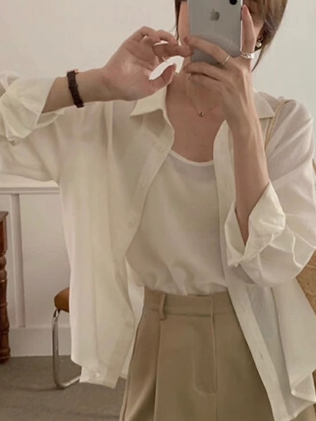  Per donna Camicia Blusa con texture Top in chiffon Semplice Quotidiano Elegante Essenziale Manica Lunga Colletto a Camicia Top Regolari Lavoro Quotidiano Ferie Bottoni Bianco Giallo Blu Primavera