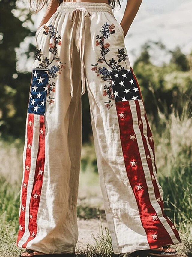 Women's Wide Leg Pants Trousers Palazzo Pants Fashion Boho Full Length High Waist National Flag Elastic Waist Drawstring Print Breathability Comfortable Street Daily Wear Going out White Spring Fall4