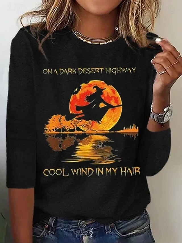 Halloween Women's T shirt Witch Long Sleeve Crew Neck Long Sleeve Tunic Ombre Graphic Stylish Modern Casual Round Neck Regular Tops Daily Print Black Red Gray Fall Prefall4