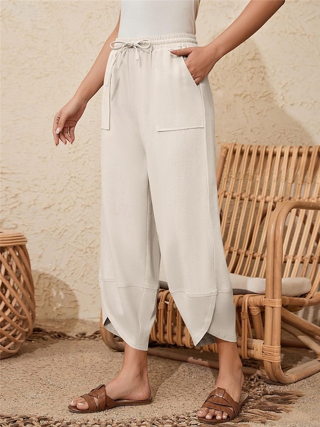  Per donna Pantaloni in cotone e lino Chinos Moda Essenziale Lunghezza intera Vita Alta Semplice Tasca Coulisse Comodità All'aperto Micro-elastico Vacanza Streetwear Quotidiano Esercito verde Nero Blu