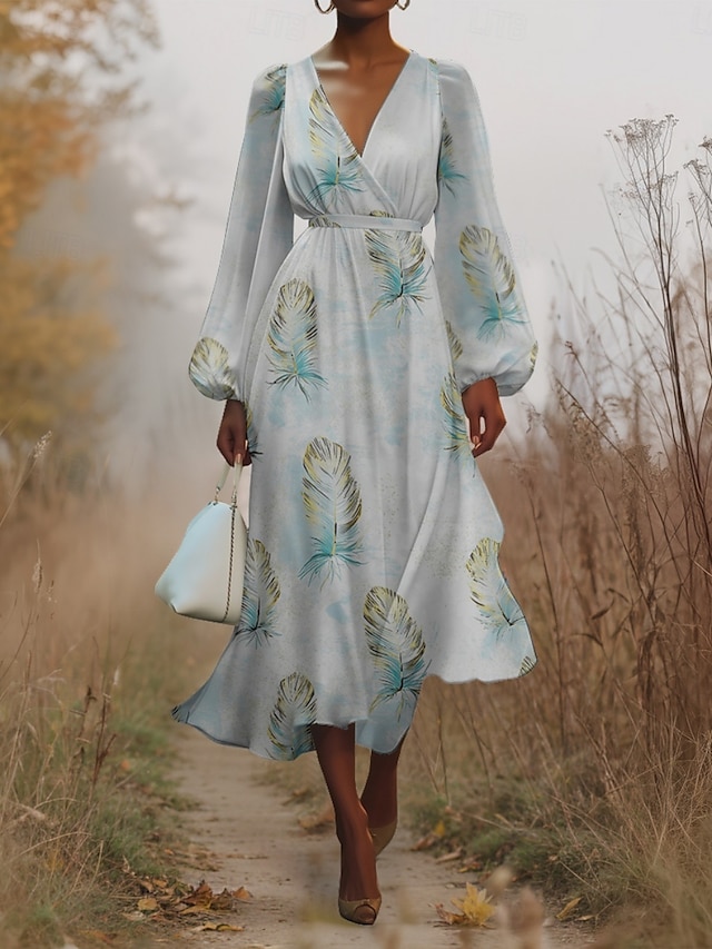  Damen Midikleid Freizeitkleid Chiffon Schwingkleid Modern Urlaub Täglich Wochenende Normale Passform Blumen Leopard Langarm V Ausschnitt Weiß Rosa Fuchsie Sommer Frühling Herbst