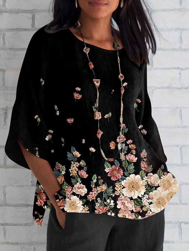 Women's Shirt Floral Daily Casual 3/4 Length Sleeve Crew Neck Regular Tops Daily Holiday Print Black White Summer Spring Fall4