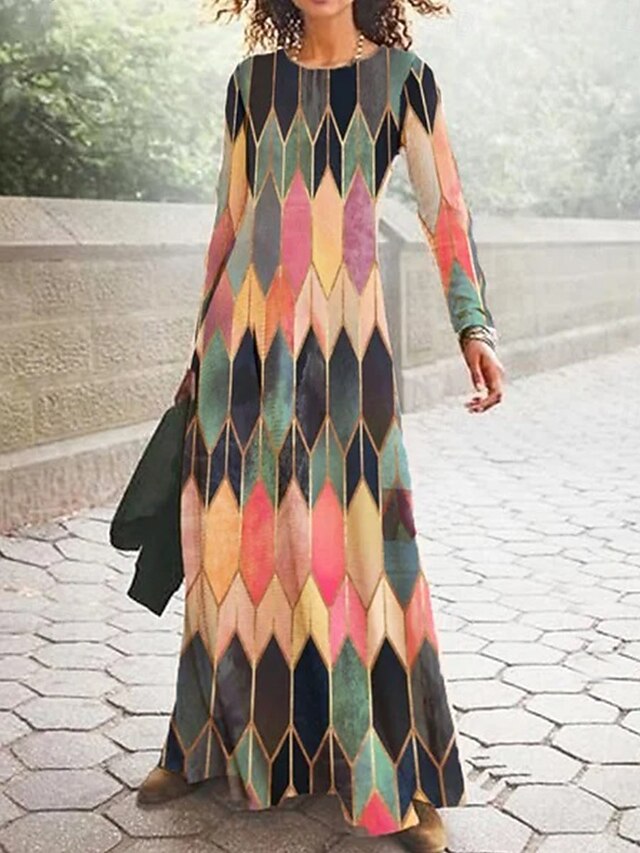 Women's Maxi Dress Vintage Bohemian A Line Dress Crew Neck Long Sleeve Casual Daily Regular Fit Graphic Geometric Light Green Orange Brown Spring Fall Winter Autumn4
