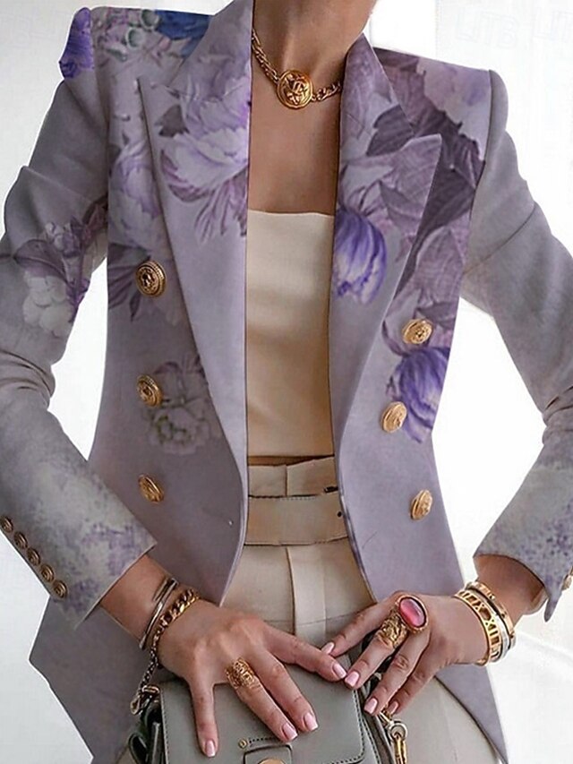  Mulheres Blazer Confortável Respirável Bolsos Imprimir Casual Floral Escritório Rua Casual Roupa Diária Trespassado Padrão Aberto para a Lateral Normal Manga Longa agasalhos Branco Vermelho Azul