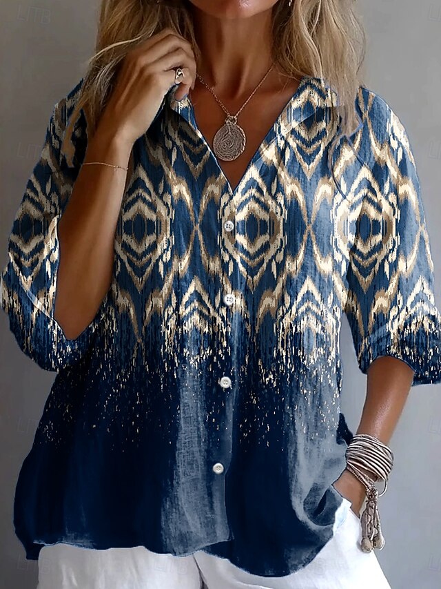 Women's Shirt Button Down Tunic Shirt Collar Long Sleeve Ombre Graphic Geometric Vintage Tropical Daily Regular Tops Work Daily Holiday s Print Navy Blue Spring Fall4