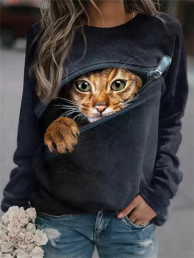 Women's Pullover Sweatshirt Hoodies Graphic Animal Cat Fashion Casual Long Sleeve Crew Neck Round Neck Regular Tops Street Dailywear Print Black Dark Blue Spring Fall Winter3
