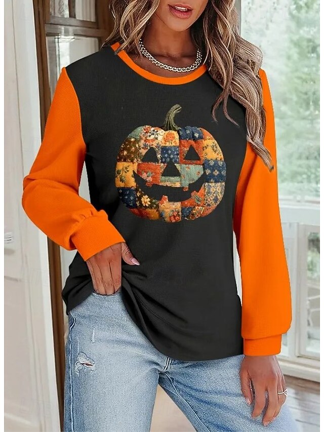 Halloween Women's Pullover Sweatshirt Pumpkin Graphic Casual Long Sleeve Crew Neck Round Neck Regular Tops Street Casual Holiday Print Black Purple Orange Spring Fall Winter4
