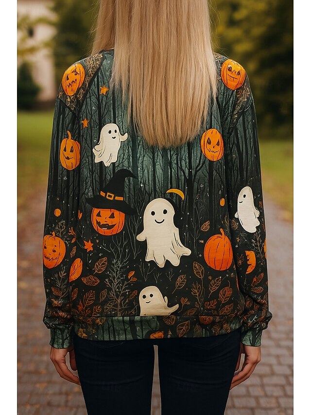  Felpe da donna di Halloween, grafiche con zucca, casual, a maniche lunghe, girocollo, da strada, casual, da indossare tutti i giorni, con stampa, nere, primavera, autunno, inverno.