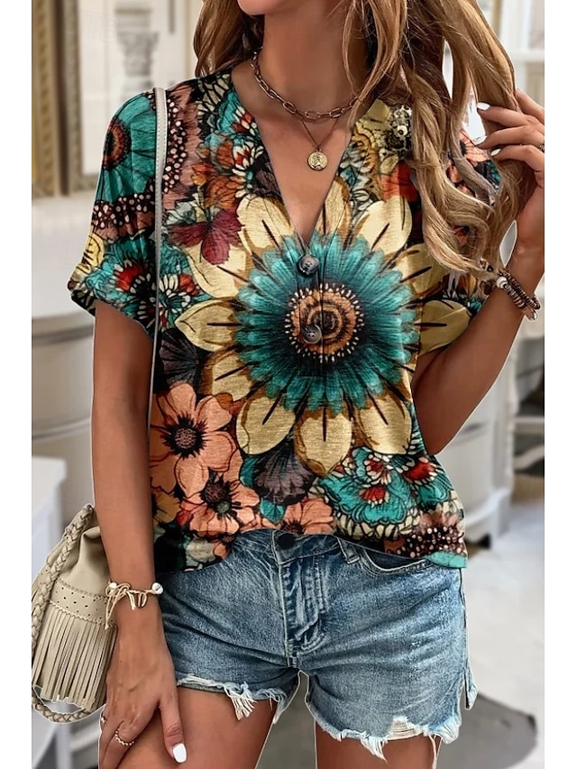  Women's T Shirt Ombre Floral Graphic Elegant Vintage Fashion Short Sleeve V Neck Notched Neck Regular Tops Daily Going out Weekend Print Blue Sky Blue Dark Green Light Blue Summer Spring