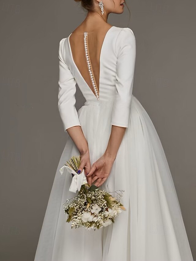 Bridal Shower Vintage 1940s / 1950s Little White Dresses Wedding Dresses A-Line V Neck Half Sleeve Tea Length Satin Bridal Gowns With Appliques Solid Color main image 1