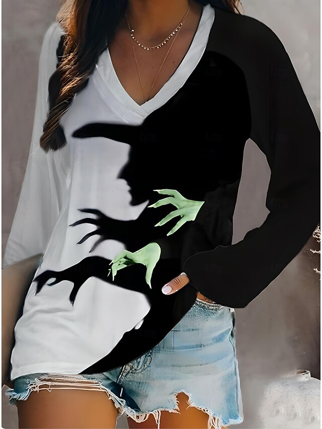 Halloween Women's T shirt Witch Long Sleeve V Neck Long Sleeve Graphic Casual Elegant Vintage Stylish Regular Tops Daily Going out Weekend Print Purple Green Dark Gray Spring Fall Prefall4