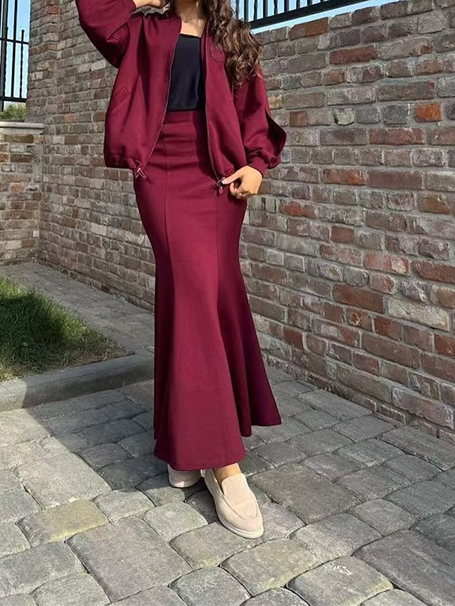  Femmes Robe Ensemble Robe d'été Robe Midi Occasionnel Uni Fermeture éclair Robe maxi manche longue Col en V Extérieur Date Noir Vin Café Été Coupe Ample