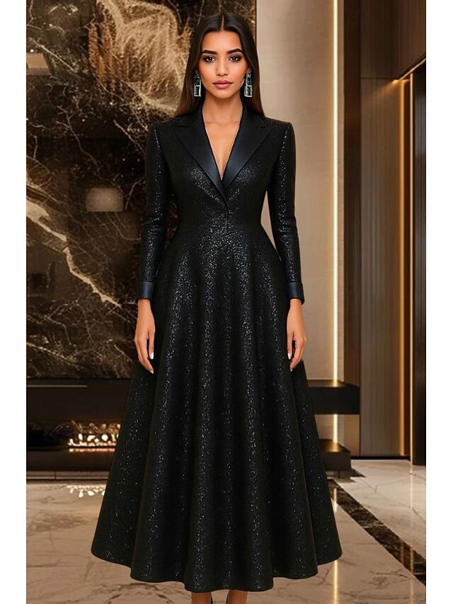 Tuxedo Dress A-Line Formal Wedding Guest Kentucky Derby Satin Sequin Elegant Glittering Long Sleeve Ankle Length Peak Lapel4