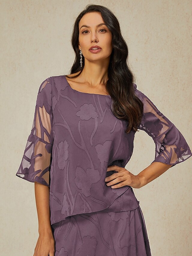 Women's Lace Shirt Blouse Dressy Tops Chiffon Tops Solid Color Floral Flower Elegant Stylish 3/4 Length Sleeve Bell Sleeve Boat Neck Regular Tops Wedding Guest Work Daily Asymmetric Hem Light Purple4
