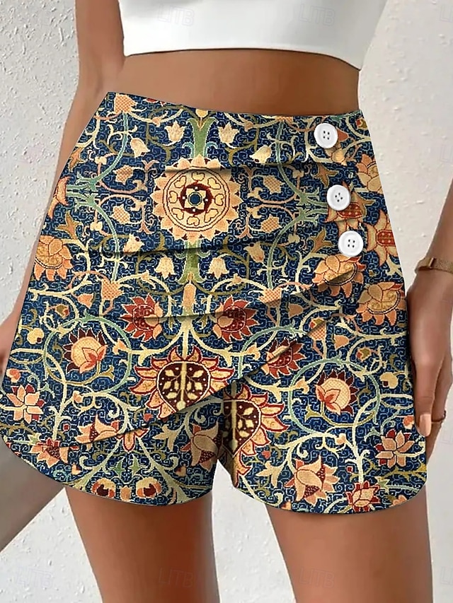 Dame kinesisk Shorts Ferie Årgang Etnisk stil Kort Høy Midje Grafisk Paisly Flettet Uelastisk Formell Feriereise Gate Lilla Rødstrupe-egg Blå Grå Gul Sommer Vår Normal