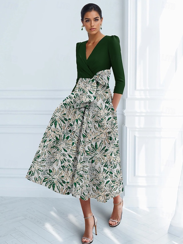  Abiti da cocktail a trapezio in jacquard floreale, eleganti, abiti da cerimonia, da sposa, lunghezza tè, lunghezza midi, maniche a 3/4, scollo a V, crêpe elasticizzata con fiocco(i), pieghe, tasca