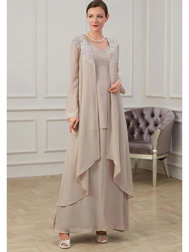  Rochie A-Line pentru Mama Miresei Rochie Formală Invitată la Nuntă Lungime până la Podea Mâneci Lungi Decolteu în V Chiffon cu Volane Aplicații