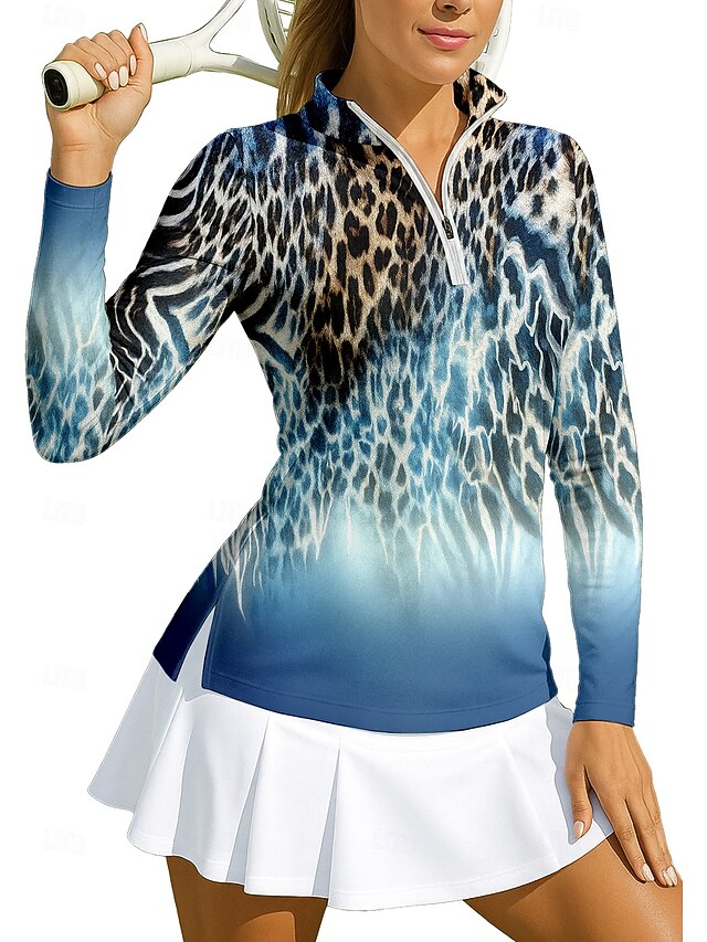 Women's Leopard Gradient Sport Shirt Golf Polo Shirt Tennis Shirt Tennis Tee Long Sleeve Zipper Floral UPF50+ UV Resistant High Elasticity Moisture Wicking Breathable Tennis Golf Pickleball Stand4