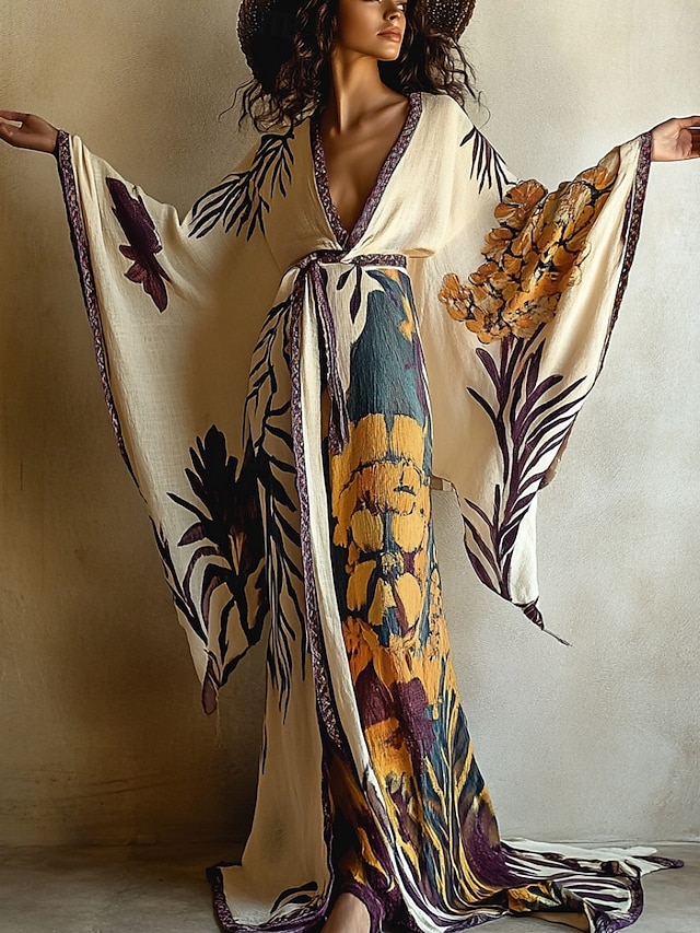  Robe longue femme Robe maxi Robe bohème Robe décontractée Robe trapèze Robe d'été Vintage Vacances Quotidien Plage Coupe classique Floral Manches longues Col V Beige Été Printemps Automne