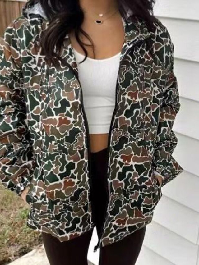 Women's Zip Up Hoodies Camouflage Casual Long Sleeve Hooded Regular Tops Street Going out Zipper Pocket Green Fall Winter4