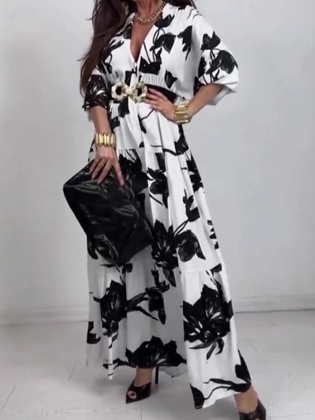  Dames Halflange jurk Jurk met print Modieus Modern Buiten Vakantie Feestdagen Normale pasvorm Bloem 3/4 mouw V-hals Zwart en Wit Herfst