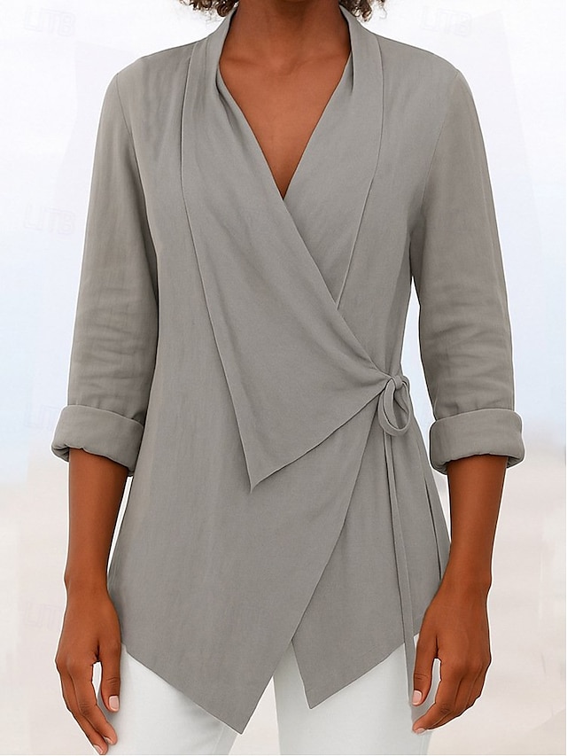  Women's Blouse Solid Color Elegant Stylish Basic Long Sleeve V Neck Regular Tops Daily Holiday Tie Front Black Pink Blue Brown Gray Summer Fall