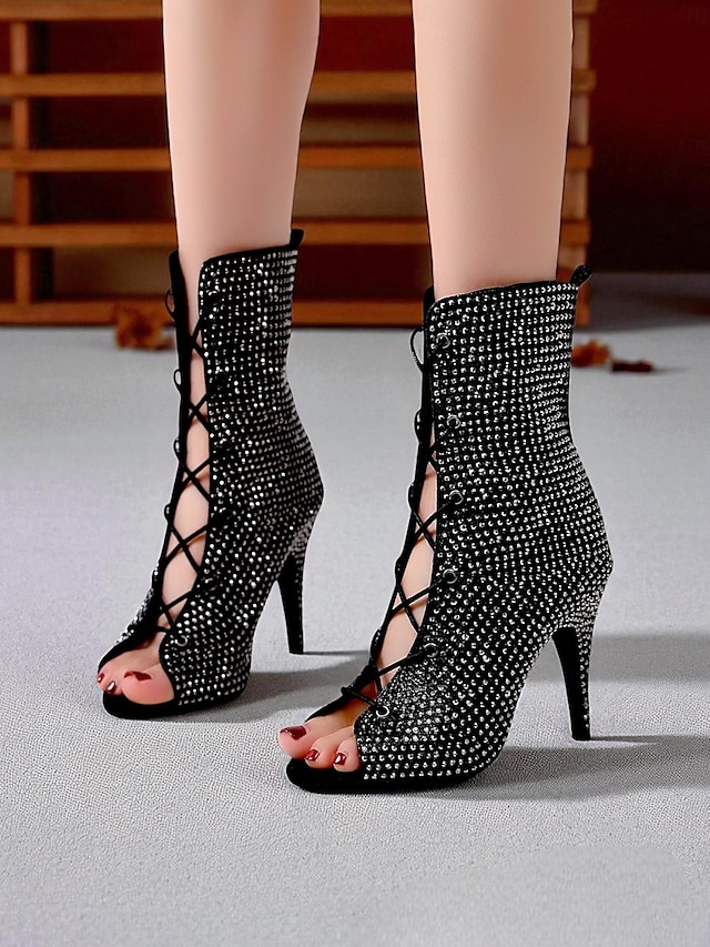  Bottines de danse à bout ouvert et strass pour femmes - bottines à talons courts et lacets scintillants pour les spectacles de salon et de scène latins