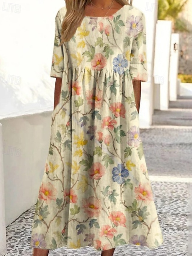  Per donna Abito Midi Vestito Casual Abito Floreale Classico Moderno All'aperto Quotidiano Ferie Vestibilità regolare Fiore Manica Corta Girocollo Giallo Blu Fucsia Albicocca Estate