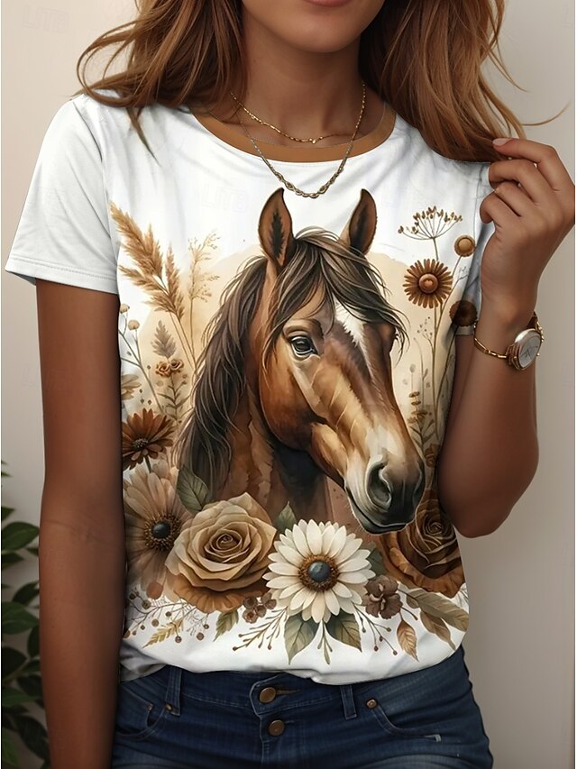  Femmes T-shirt Graphique Animal Cheval ancien Élégant Classique Manche Courte Col ras du cou Col rond Hauts Réguliers Quotidien Week-end Imprimé Noir Blanche Bleu Bleu Poudré Été Printemps