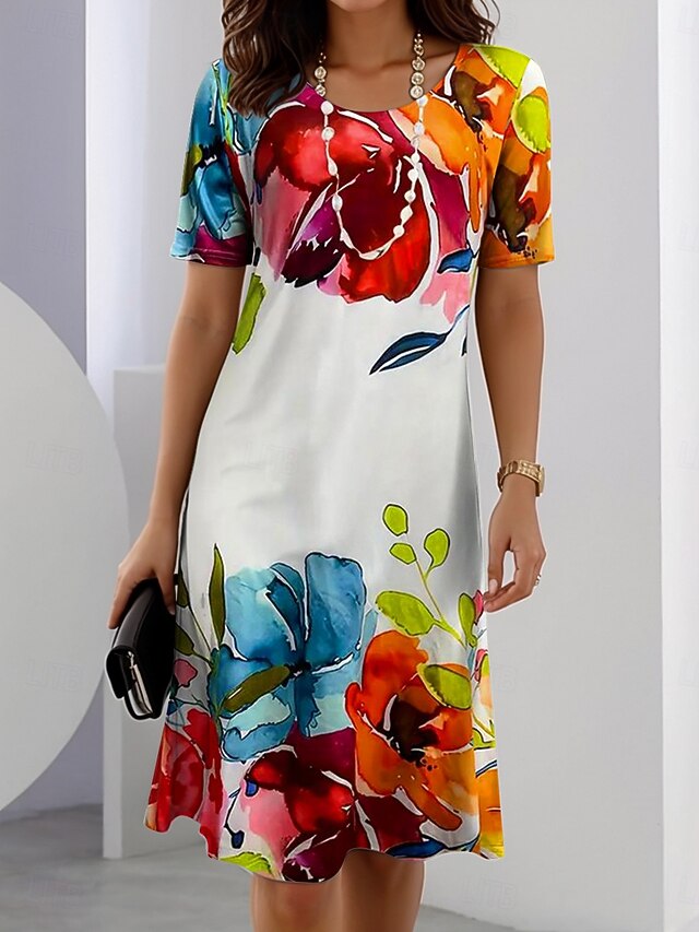 Women's Elegant Party Evening Midi Dress Crew Neck Short Sleeve Shift Dress Summer Dress Casual Daily Regular Fit Graphic Tribal Crewneck Black Pink Red Summer Spring4