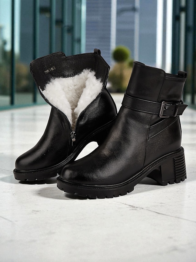  Botas femininas de couro preto - botas de inverno de salto médio com forro de pele quente, zíper lateral e fivela para clima frio, trabalho &roupas para atividades ao ar livre