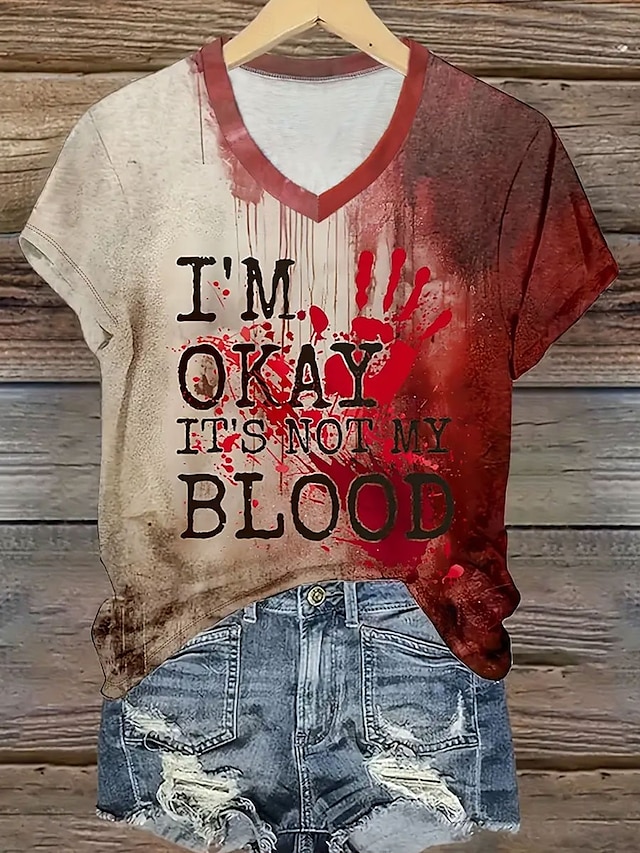  Halloween Femmes T-shirt Graphique Lettre Halloween ancien Élégant Classique Manche Courte Col en V Hauts Réguliers Quotidien Imprimé Rouge Été Printemps