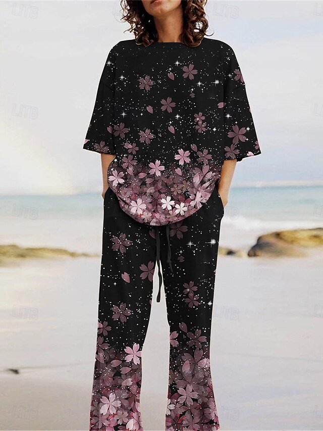 Women's Active Fashion Pants Sets 3/4 Length Sleeve Crew Neck Floral Print Vacation Daily Holiday Black Summer Regular Fit4