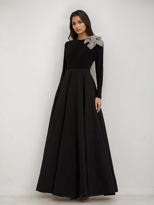  Rochie de seară elegantă, cu imprimeu A-line, din catifea, crep elastic, cu cravată neagră, rochie formală de mireasă, lungime până la podea, mânecă lungă, decolteu rotund, cu imprimeu floral și