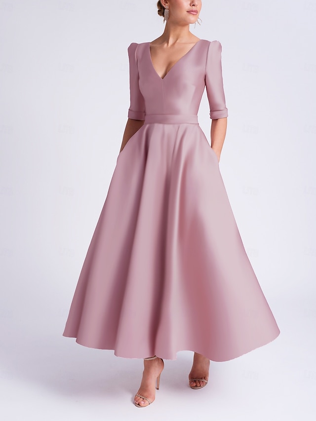  Rochie de invitat la nuntă A-Line rochii de cocktail nuntă pe plajă rochie elegantă formală lungime de ceai mânecă scurtă decolteu în V satinat cu rochii cu buzunare