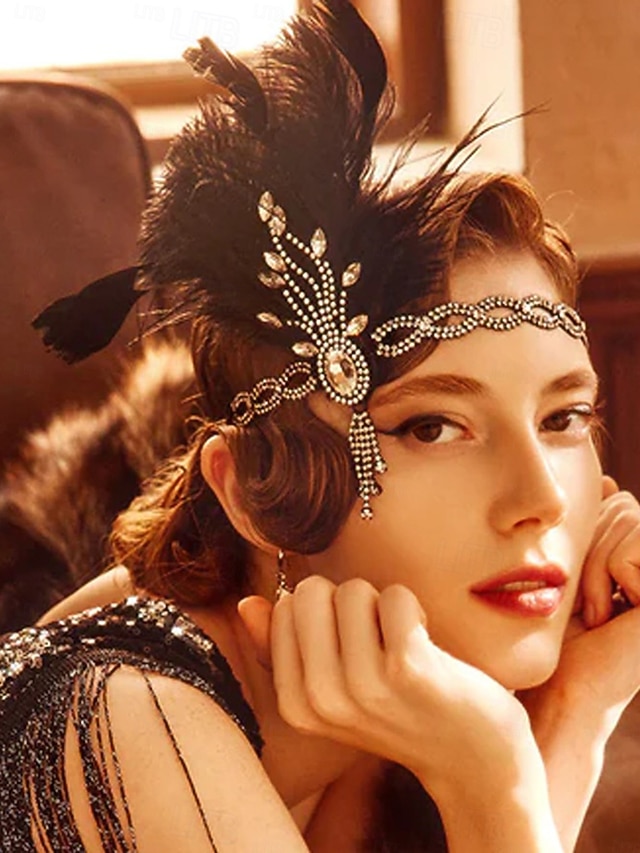 Copricapo di piume Gatsby anni '20 da donna - cerchietto vintage con strass flapper per feste a tema anni ruggenti e balli in maschera