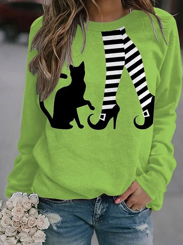Halloween Women's Pullover Sweatshirt Witch Graphic Cat Casual Long Sleeve Crew Neck Regular Tops Street Casual Holiday Print Orange Green Spring Fall Winter3